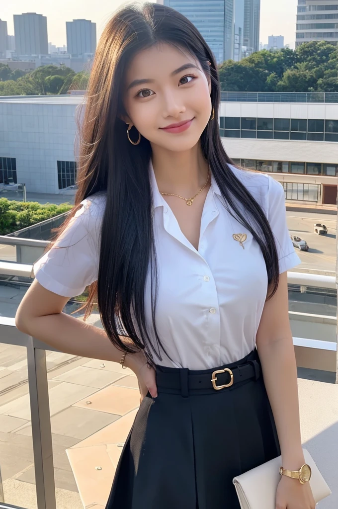Rooftop of university building, 4th university student, ((full body)), ((photo)), ((best qualtiy, 8K, tmasterpiece:1.3)), Focus:1.2, perfect figure beautiful girl:1.4, 1girl, cowboy shot, look at viewer, eyes facing the camera, incredibly absurd, beautiful and cute girl with a photorealistic face, showcasing top-quality craftsmanship, A Japanese girl watching the sunset on the roof of a university building, 19 years old, long, straight, silky black hair, fair skin, big eyes, thin eyebrows, double eyelids, long eyelashes, pink lips, smile, devilish smile, gorgeous features, well-defined facial features, beautiful face line, mysterious beauty, slender, tall, well-balanced proportions, large E-cup breasts, white shirt, tight black skirt, beige pumps, gold necklace and bracelet, small earrings, elegant ring, pretty girl, beauty, devilish type, pretty older sister, passionate about art, sociable, friendly, positive, has leadership skills, is proactive, is flexible, gets things done efficiently, works hard towards dreams and goals, March