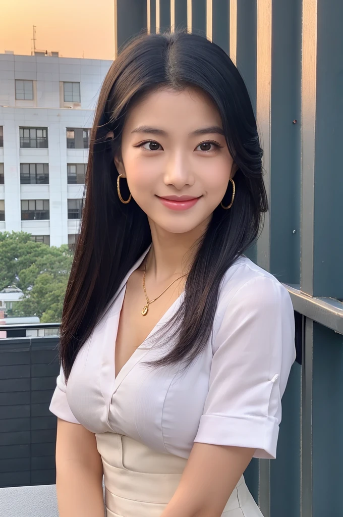 Rooftop of university building, 4th year university student, ((full body)), ((photo)), ((best qualtiy, 8K, tmasterpiece:1.3)), Focus:1.2, perfect figure beautiful girl:1.4, 1girl, cowboy shot, look at viewer, eyes facing the camera, incredibly absurd, beautiful and cute girl with a photorealistic face, showcasing top-quality craftsmanship, A Japanese girl watching the sunset on the roof of a university building, 19 years old, long, straight, silky black hair, fair skin, big eyes, thin eyebrows, double eyelids, long eyelashes, pink lips, smile, devilish smile, gorgeous features, well-defined facial features, beautiful face line, mysterious beauty, slender, tall, well-balanced proportions, large E-cup breasts, white shirt, tight black skirt, beige pumps, gold necklace and bracelet, small earrings, elegant ring, pretty girl, beauty, devilish type, pretty older sister, passionate about art, sociable, friendly, positive, has leadership skills, is proactive, is flexible, gets things done efficiently, works hard towards dreams and goals, March