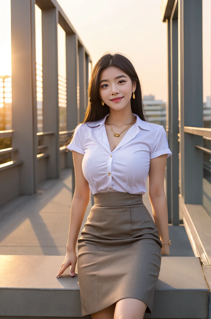 Rooftop of university building, 4th university student, ((full body)), ((photo)), ((best qualtiy, 8K, tmasterpiece:1.3)), Focus:1.2, perfect figure beautiful girl:1.4, 1girl, cowboy shot, look at viewer, eyes facing the camera, incredibly absurd, beautiful and cute girl with a photorealistic face, showcasing top-quality craftsmanship, A Japanese girl watching the sunset on the roof of a university building, 19 years old, long, straight, silky black hair, fair skin, big eyes, thin eyebrows, double eyelids, long eyelashes, pink lips, smile, devilish smile, gorgeous features, well-defined facial features, beautiful face line, mysterious beauty, slender, tall, well-balanced proportions, large E-cup breasts, white shirt, tight black skirt, beige pumps, gold necklace and bracelet, small earrings, elegant ring, pretty girl, beauty, devilish type, pretty older sister, passionate about art, sociable, friendly, positive, has leadership skills, is proactive, is flexible, gets things done efficiently, works hard towards dreams and goals, March