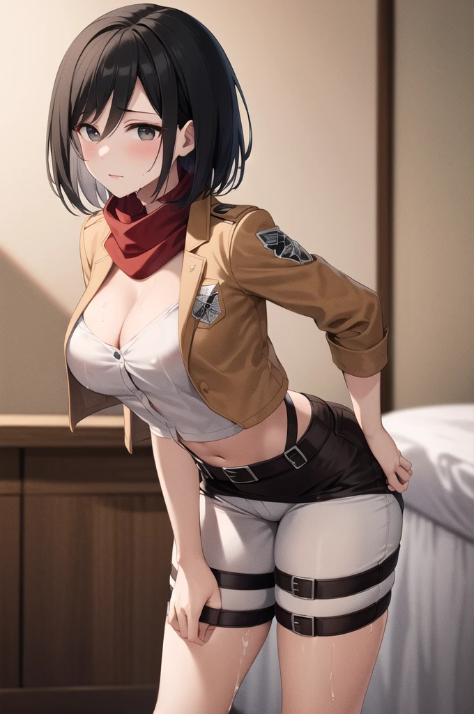 masterpiece, best quality, highres, hmmikasa, short hair, black eyes, scarf, emblem, belt, thigh strap, red scarf, tight white shorts, cropped turtle neck, brown blazer, cleavage, cowboy shot, medium breasts, shy face, wet body, bent over kneeling on a bed looking at viewer, hanging breasts, bare thighs, side view