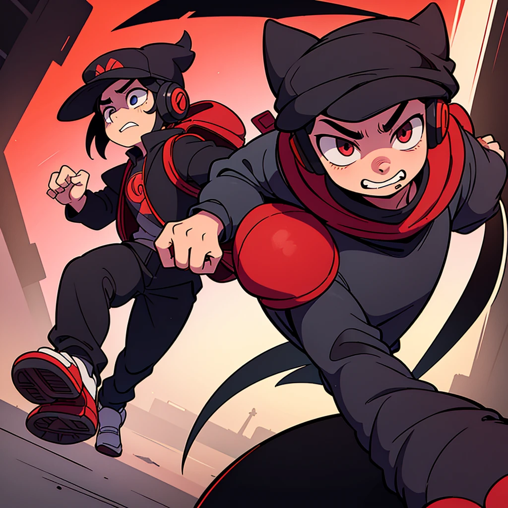 a mysterious figure chases another character (young guy, WITH BLACK LENSES, Red Hat, large headphones, carrying a backpack, with a scared face) on the empty street at night.