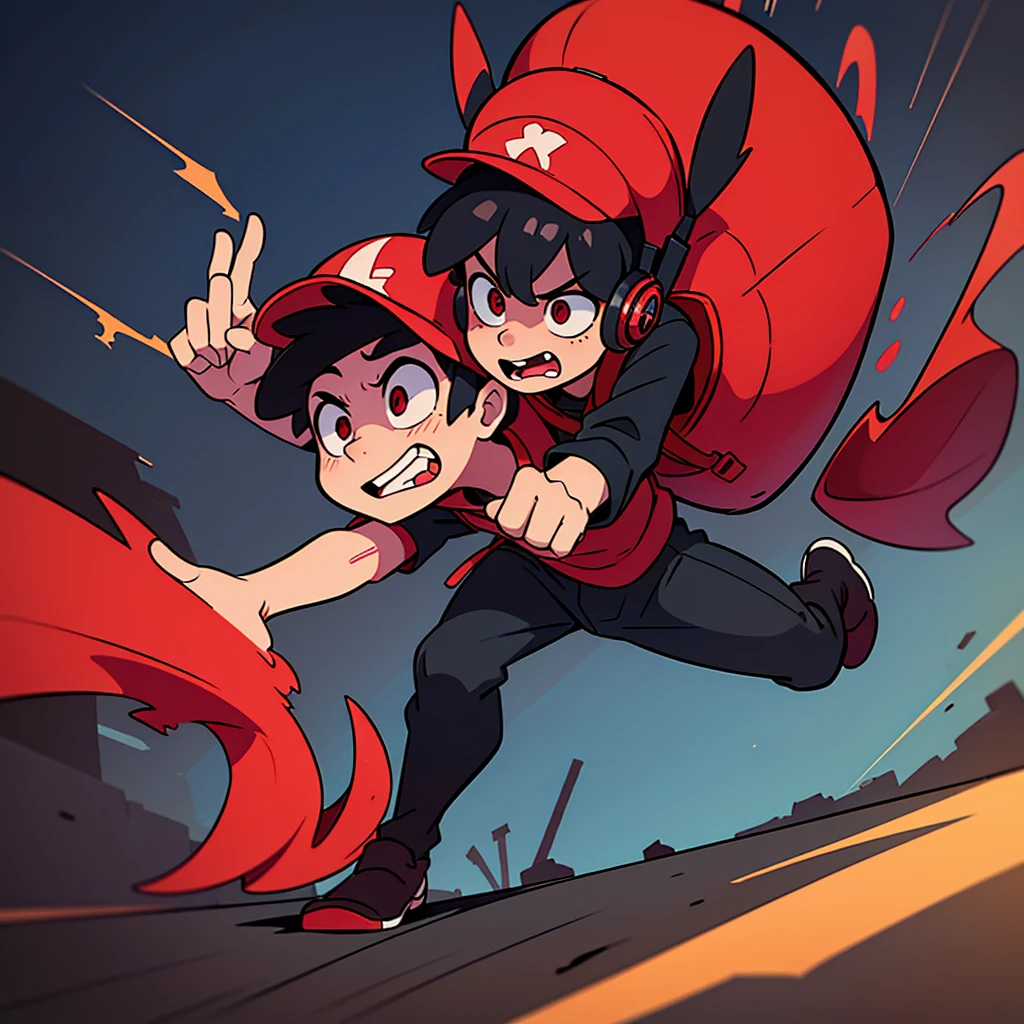 a mysterious figure chases another character (young guy, WITH BLACK LENSES, Red Hat, large headphones, carrying a backpack, with a scared face) on the empty street at night.