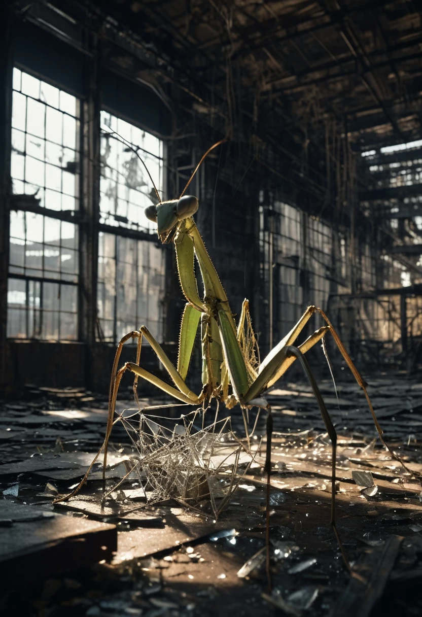 a mantis in an abandoned factory, intricate mechanical details, glass shards, cobwebs, moody lighting, dystopian atmosphere, cinematic composition, highly detailed, photorealistic, award winning digital art