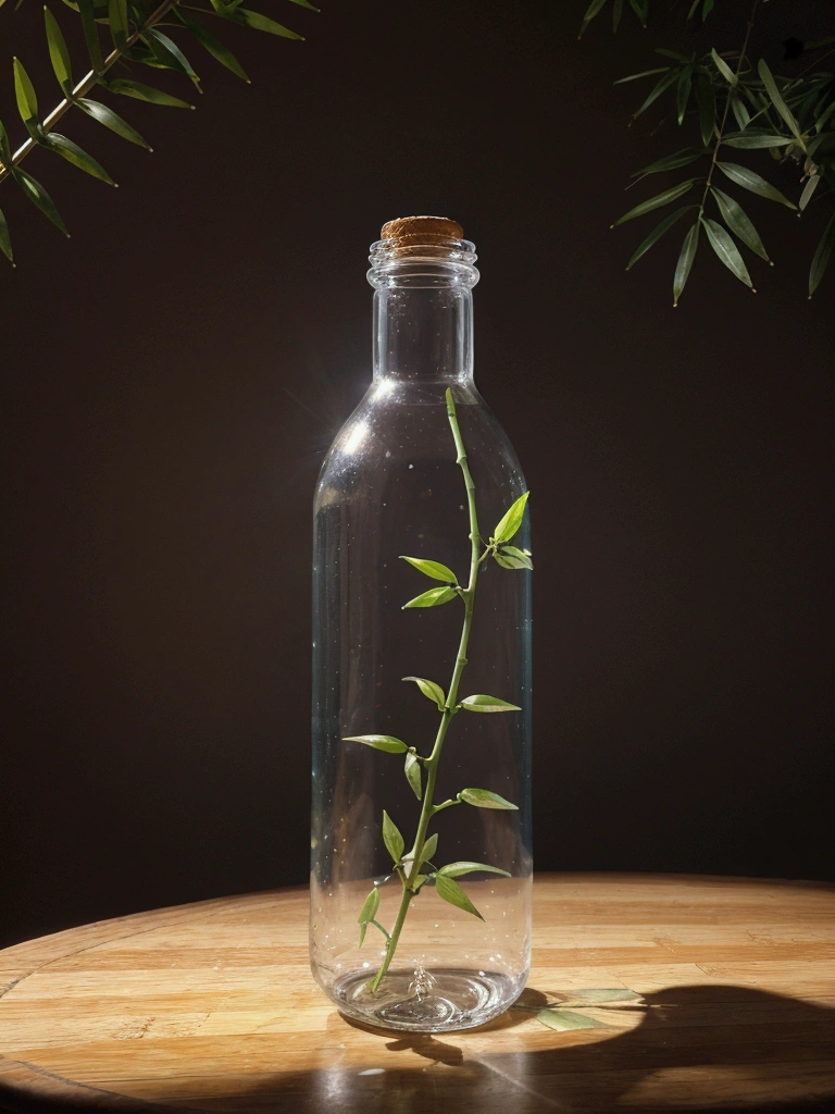 Use the Bottle as a reference, Generate a water bottle, should have a slight curve, similar to a hip, and be a little wider than usual. The bottle must be completely transparent. Fill the bottle with water, and also fill a similar glass of water. The bottle cap must have a bamboo straw integrated into one piece. On both sides of the bottle, place blue flowers and beautiful leaves in the background of the stage. Adjust the lighting to be hyper-realistic, with the light coming from the left side. Make sure everything appears to be in the same place at the same time. High quality image. Bring the camera closer to the bottle, make the bamboo lid with the Carrizo integrated into the design, give the bottle a rounded shape