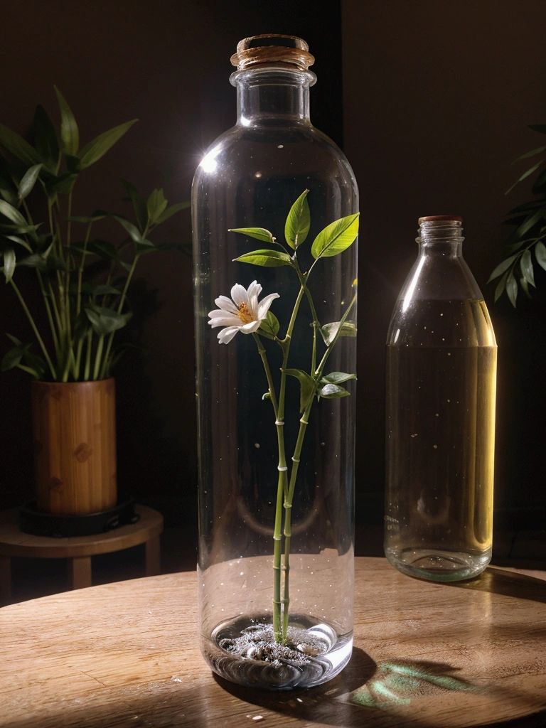 Use the Bottle as a reference, Generate a water bottle, should have a slight curve, similar to a hip, and be a little wider than usual. The bottle must be completely transparent. Fill the bottle with water, and also fill a similar glass of water. The bottle cap must have a bamboo straw integrated into one piece. On both sides of the bottle, place blue flowers and beautiful leaves in the background of the stage. Adjust the lighting to be hyper-realistic, with the light coming from the left side. Make sure everything appears to be in the same place at the same time. High quality image. Bring the camera closer to the bottle, make the bamboo lid with the Carrizo integrated into the design, give the bottle a rounded shape