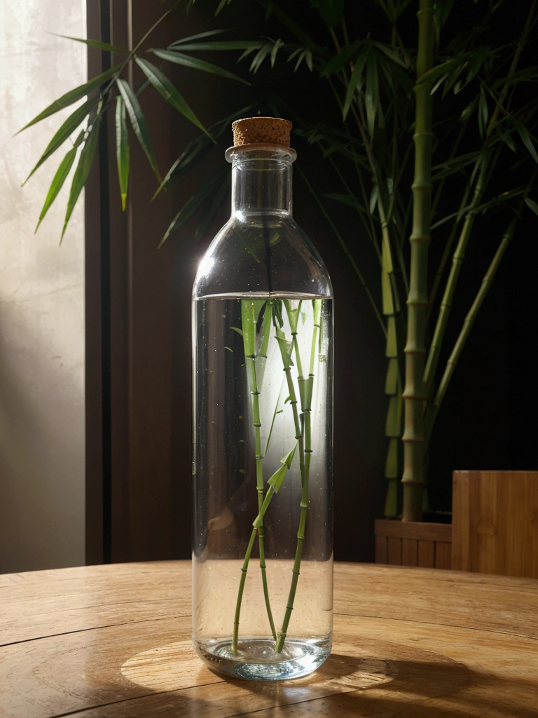 Use the Bottle as a reference, Generate a water bottle, should have a slight curve, similar to a hip, and be a little wider than usual. The bottle must be completely transparent. Fill the bottle with water, and also fill a similar glass of water. The bottle cap must have a bamboo straw integrated into one piece. On both sides of the bottle, place blue flowers and beautiful leaves in the background of the stage. Adjust the lighting to be hyper-realistic, with the light coming from the left side. Make sure everything appears to be in the same place at the same time. High quality image. Bring the camera closer to the bottle, make the bamboo lid with the Carrizo integrated into the design, give the bottle a rounded shape