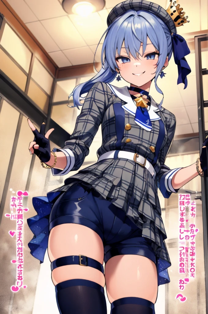 1girl, solo, detailed face,SuiseiBase, plaid beret, crown, blue star choker, star earrings, blue ascot, plaid jacket, plaid skirt, layered skirt, partially fingerless gloves, star bracelet, uneven legwear, thigh strap,(bike shorts),looking viewer,smile,small breasts,standing,indoor