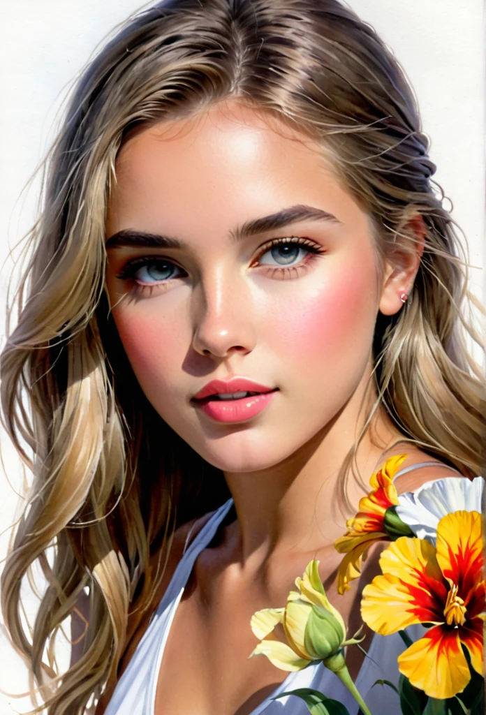 Watercolor art, Flowers, by Carne Griffithest, 1girl, (best quality, masterpiece, Representative work, official art, Professional, 8k:1.3)