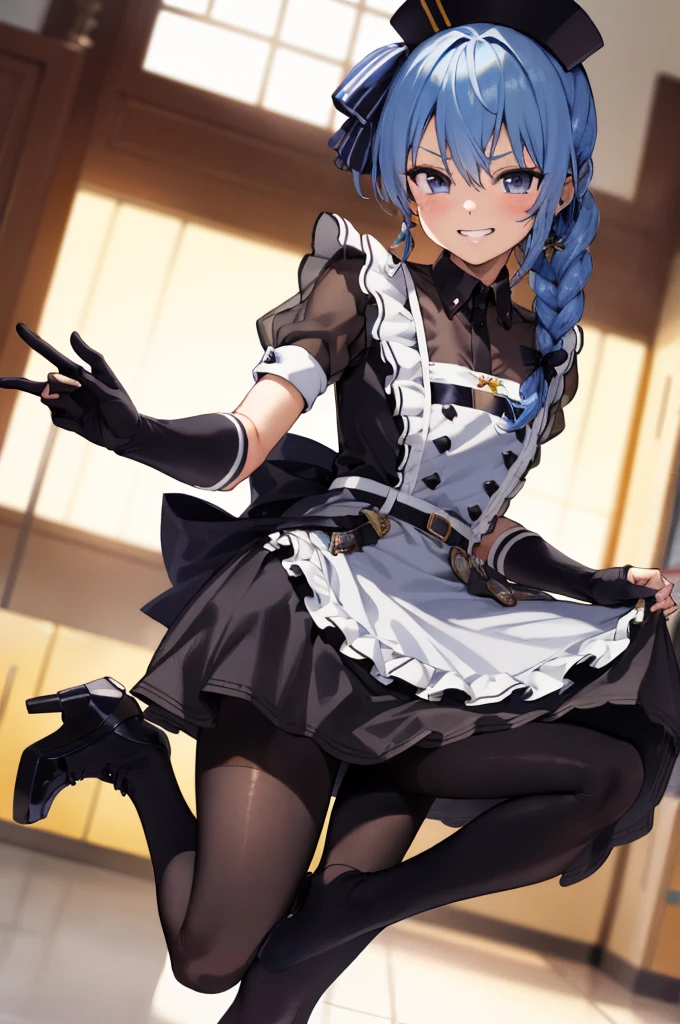 1girl, solo, detailed face, , , SuiseiMaid, long hair, single braid, black nurse cap, double-breasted grey apron, chest belt, elbow gloves, crinoline, (((black pantyhose))),,,,looking viewer,side ponytail,small breasts,,grin,high heel,from back,ass