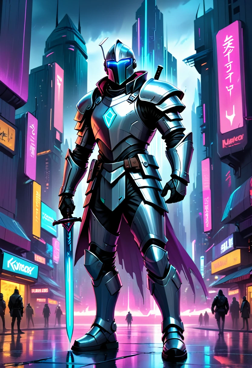 Hyper-realistic digital painting of a medieval knight in shining armor, standing in the heart of a neon-lit cyberpunk city. The knight looks both confused and determined, gripping a traditional sword while surrounded by towering skyscrapers, holographic advertisements, and bustling crowds. The city's futuristic inhabitants stop to stare at the anachronistic figure. Rain pours down, adding dramatic reflections and atmosphere to the scene. Cinematic composition, trending on ArtStation.