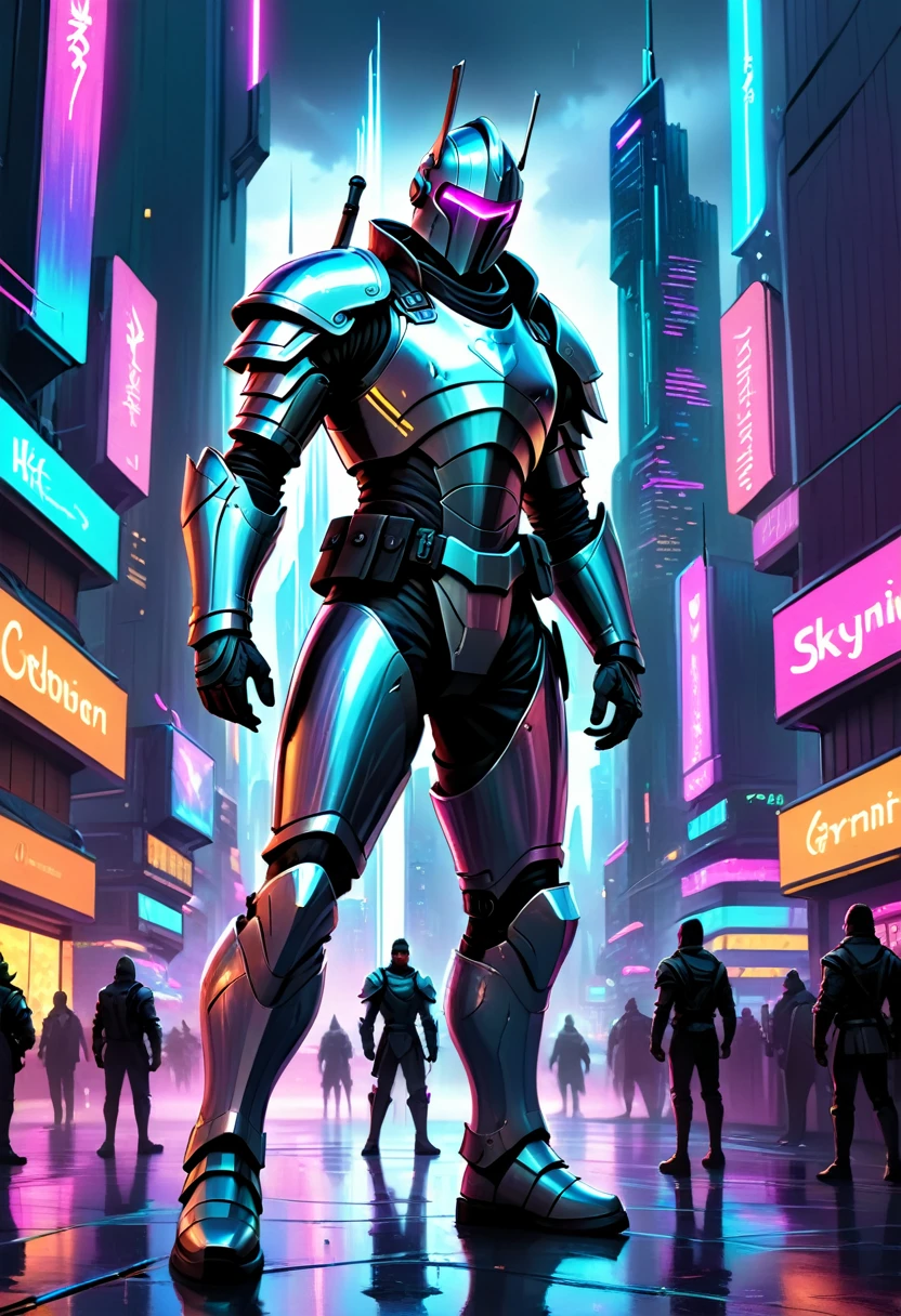 Hyper-realistic digital painting of a medieval knight in shining armor, standing in the heart of a neon-lit cyberpunk city. The knight looks both confused and determined, gripping a traditional sword while surrounded by towering skyscrapers, holographic advertisements, and bustling crowds. The city's futuristic inhabitants stop to stare at the anachronistic figure. Rain pours down, adding dramatic reflections and atmosphere to the scene. Cinematic composition, trending on ArtStation.