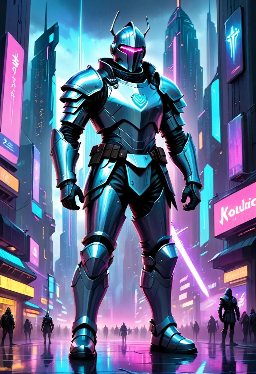 Hyper-realistic digital painting of a medieval knight in shining armor, standing in the heart of a neon-lit cyberpunk city. The knight looks both confused and determined, gripping a traditional sword while surrounded by towering skyscrapers, holographic advertisements, and bustling crowds. The city's futuristic inhabitants stop to stare at the anachronistic figure. Rain pours down, adding dramatic reflections and atmosphere to the scene. Cinematic composition, trending on ArtStation.