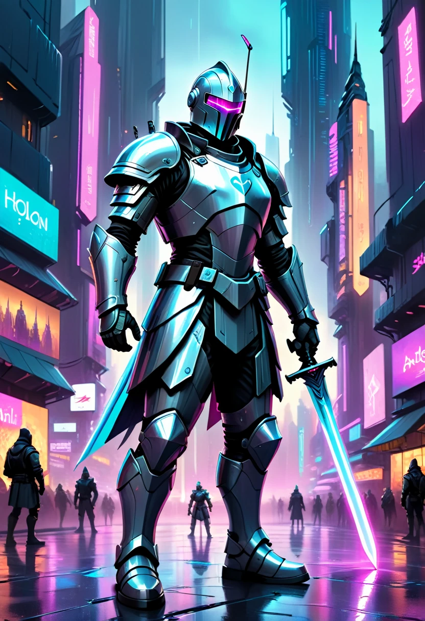 Hyper-realistic digital painting of a medieval knight in shining armor, standing in the heart of a neon-lit cyberpunk city. The knight looks both confused and determined, gripping a traditional sword while surrounded by towering skyscrapers, holographic advertisements, and bustling crowds. The city's futuristic inhabitants stop to stare at the anachronistic figure. Rain pours down, adding dramatic reflections and atmosphere to the scene. Cinematic composition, trending on ArtStation.