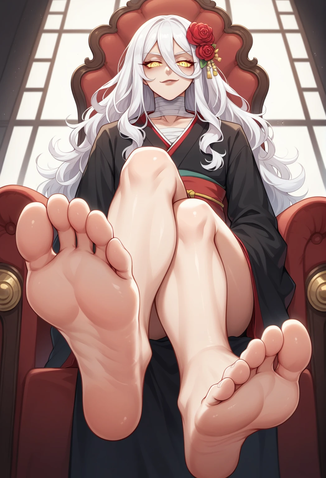 Best Quality, Masterpiece, ultra high resolution, a boy, solo, 1boy,  sitting in an armchair, bare legs, barefoot, barefoot, soles of feet visible, View from below, sitting in an armchair, with a dark bloody room in the background , View from below, smile, masterpiece, best quality, Cinematic, Fancy effects, Intricate details, white hair, long hair, shiny hair, shiny skin, detailed eyes, hd eyes, beautiful eyes, gothic, hair between eyes, layered clothes, yellow eyes, looking at viewer, highly detailed eyes, dramatic lighting, fluffy hair, dark magic background, shadow background, crimson background, cat eyes, smug face, eyelashes, white eyelashes, hair flower, red flowers in hair, kimono, collarbone, manly body, shiny feet, bandaged neck, bandaged legs, bandaged, wonded,  red flowers background, bloody lips, blood on lips, smirk, 