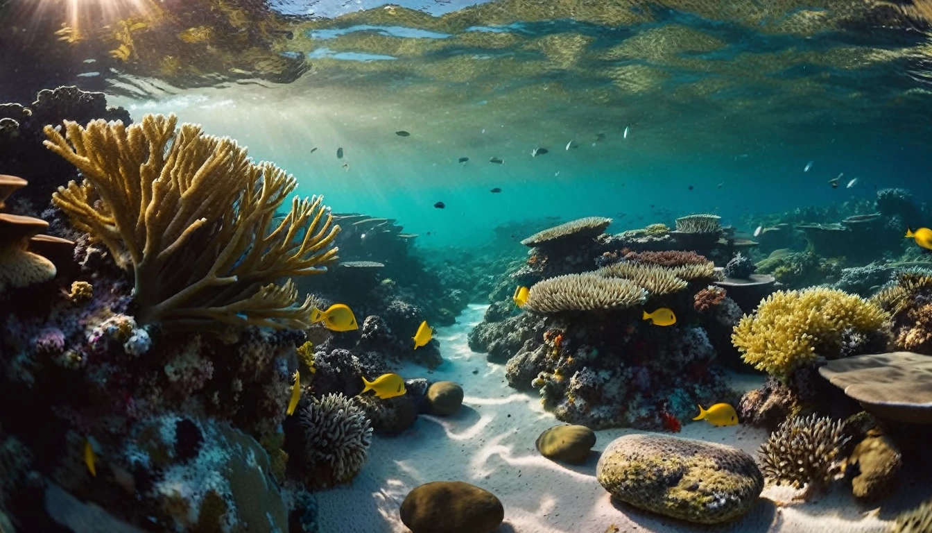 Traversal movement of the camera, the camera travelling throught the seabed where different colorful fishes are swimming around stunning colorful corals. There are moving swimming animals in the sea: sea turtles and dolphins, starfish and some jellyfish also. The seabed is a beautiful sight as the light beams of the yellowish sunlight, sun's rays are filter through the surface of the water into the dark greenish blue deepness. Contrast lighting, natural lighting. Dark Green algae and sea plants cover the stones in the deep sea. (( Consistent structure and movements of the fishes and corals, consistent movement of the camera, static underwaterland environment)))). Photorealistic fishes and corals, lifelike textures and movements, Insanely intricate details and photorealistic materials. Photorealistic Reflections. Natural lights, neutral colors, lomochrome, vintage color tones, dramatic, dynamic composition. Lifelike textures, sharp focus, depth of field, cinematic lighting, contrast lighting, volumetric lighting, best shadows, sharp focus, depth pf field, photorealism, realism, cinematic, 35mm film Screengrab a 1950s Super Panavision 70 film in color. Best quality , hdr, uhd, 8k, 35 mm film, analog camera shot.
