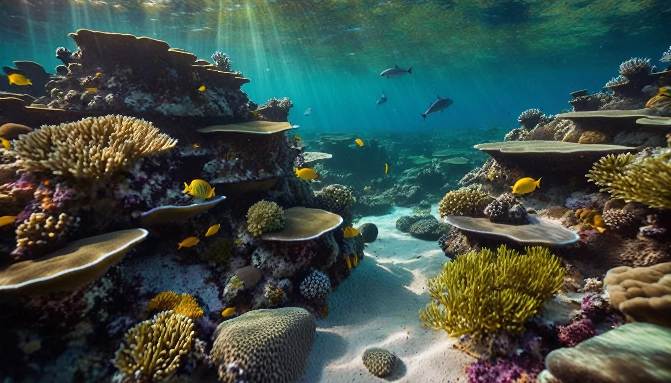 Traversal movement of the camera, the camera travelling throught the seabed where different colorful fishes are swimming around stunning colorful corals. There are moving swimming animals in the sea: sea turtles and dolphins, starfish and some jellyfish also. The seabed is a beautiful sight as the light beams of the yellowish sunlight, sun's rays are filter through the surface of the water into the dark greenish blue deepness. Contrast lighting, natural lighting. Dark Green algae and sea plants cover the stones in the deep sea. (( Consistent structure and movements of the fishes and corals, consistent movement of the camera, static underwaterland environment)))). Photorealistic fishes and corals, lifelike textures and movements, Insanely intricate details and photorealistic materials. Photorealistic Reflections. Natural lights, neutral colors, lomochrome, vintage color tones, dramatic, dynamic composition. Lifelike textures, sharp focus, depth of field, cinematic lighting, contrast lighting, volumetric lighting, best shadows, sharp focus, depth pf field, photorealism, realism, cinematic, 35mm film Screengrab a 1950s Super Panavision 70 film in color. Best quality , hdr, uhd, 8k, 35 mm film, analog camera shot.