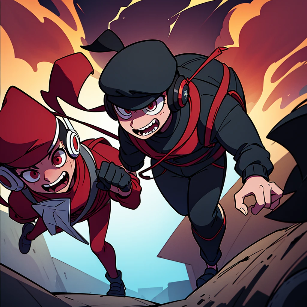 a scene where a mysterious figure chases another character (young guy, WITH BLACK LENSES, Red Hat, large headphones, carrying a backpack, with a scared face) on the empty street at night.