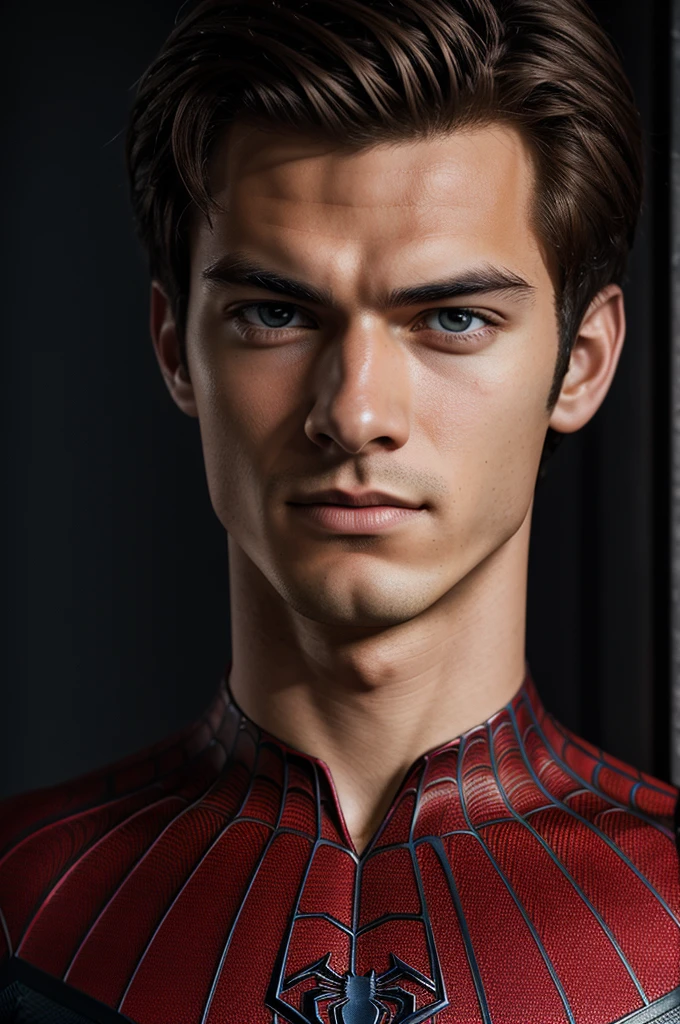 A photograph of spider man, no mask, 20 yo, handsome, detailed face, looking at camera, portrait, 8k uhd, high quality