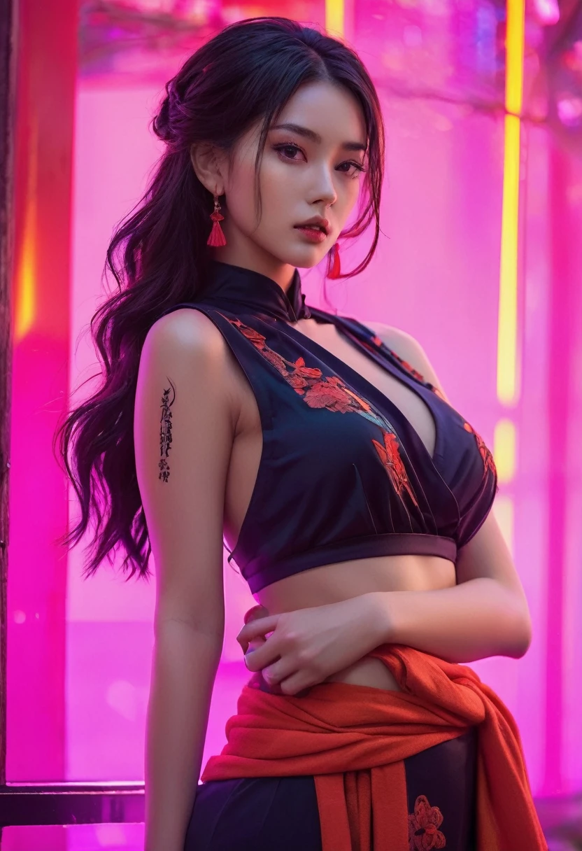 Dynamic angle,(((masterpiece:1 0))),(hyperrealism:1 5),High Detail RAW color Photo,(full body:1 0),Stunning young girl,(korean: 0. 3, Celtic, :0. 3, Romanian:0. 4),wearing a kimono,cheongsam,Oriental Village,Ninja,Assassin,tattoos,wild dark hair,Wavy Cut with Curtain Bangs,dreamy cyberpunk girl,cyberpunk art style,cyberpunk beautiful girl,cyberpunk girl,model girl,cyberpunk vibe,beautiful digital artwork,bright cyberpunk glow,cyberpunk vibrant colors,neon rainy cyberpunk setting,cyberpunk vibes,neon rain,cyberpunk art,smokey eye shadow,high detail skin,high detail eyes,high detail hair,neo-tokyo,photography,beautiful,dramatic lighting,shallow depth of field,Ultra-realistic,