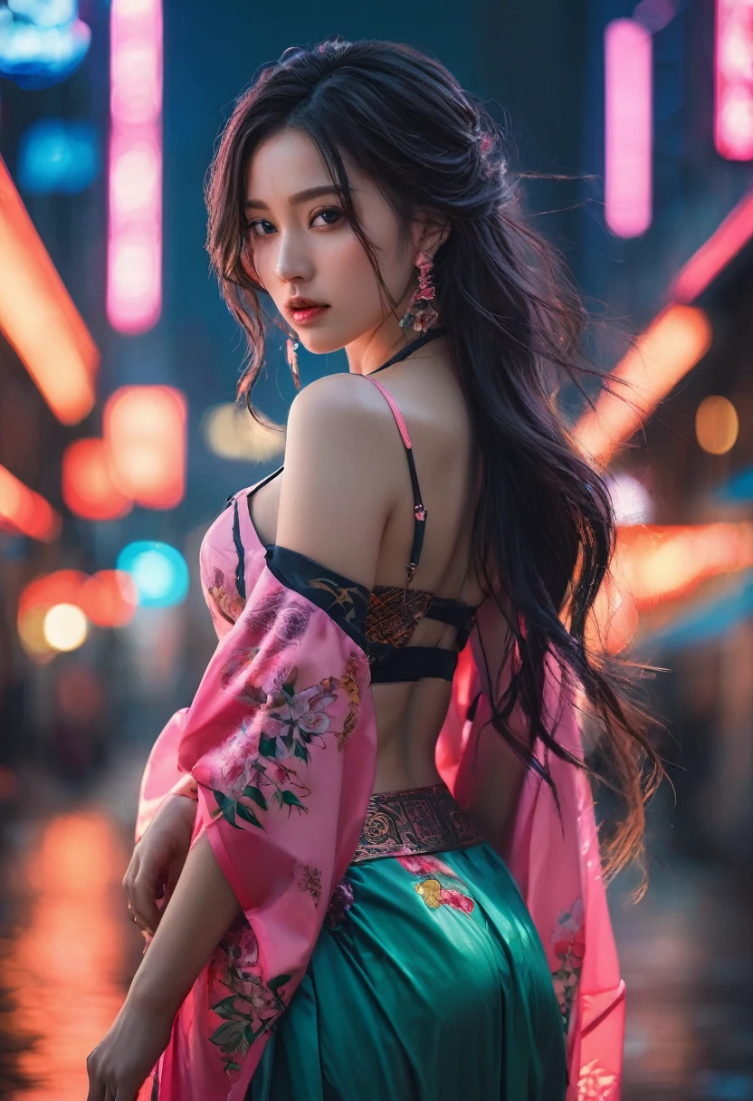 Dynamic angle,(((masterpiece:1 0))),(hyperrealism:1 5),High Detail RAW color Photo,(full body:1 0),Stunning young girl,(korean: 0. 3, Celtic, :0. 3, Romanian:0. 4),wearing a kimono,cheongsam,Oriental Village,Ninja,Assassin,tattoos,wild dark hair,Wavy Cut with Curtain Bangs,dreamy cyberpunk girl,cyberpunk art style,cyberpunk beautiful girl,cyberpunk girl,model girl,cyberpunk vibe,beautiful digital artwork,bright cyberpunk glow,cyberpunk vibrant colors,neon rainy cyberpunk setting,cyberpunk vibes,neon rain,cyberpunk art,smokey eye shadow,high detail skin,high detail eyes,high detail hair,neo-tokyo,photography,beautiful,dramatic lighting,shallow depth of field,Ultra-realistic,