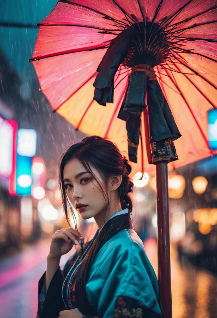Dynamic angle,(((masterpiece:1 0))),(hyperrealism:1 5),High Detail RAW color Photo,(full body:1 0),Stunning young girl,(korean: 0. 3, Celtic, :0. 3, Romanian:0. 4),wearing a kimono,cheongsam,Oriental Village,Ninja,Assassin,tattoos,wild dark hair,Wavy Cut with Curtain Bangs,dreamy cyberpunk girl,cyberpunk art style,cyberpunk beautiful girl,cyberpunk girl,model girl,cyberpunk vibe,beautiful digital artwork,bright cyberpunk glow,cyberpunk vibrant colors,neon rainy cyberpunk setting,cyberpunk vibes,neon rain,cyberpunk art,smokey eye shadow,high detail skin,high detail eyes,high detail hair,neo-tokyo,photography,beautiful,dramatic lighting,shallow depth of field,Ultra-realistic,
