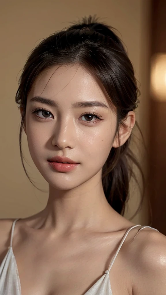((masterpiece, top quality, high definition)), 1 girl, (photorealistic: 1.4), solo, white background, snow-white background, mouth closed, happy smile, happy smile, pretty black hair, short hair, big eyes, clear double eyelids, eyelashes, ears out, long neck, long neck, absolute area, ((face close-up)), (drawing all head, shoulders), 19 years old, Attractive proportions, shiny skin, clean collarbone, golden ratio face, perfect face, teardrop mole, mole on chest, bangs, clean bangs, lip gloss, pale lips, pale skin, naked, big breasts, small face, small face, draw all head, draw all shoulders, from side, gaze staring at the camera