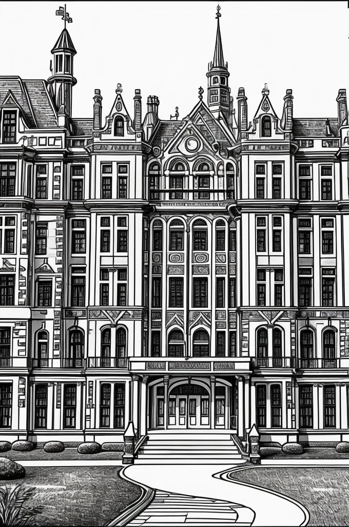 Create a royal school, Not so big, black and white cartoon style 
