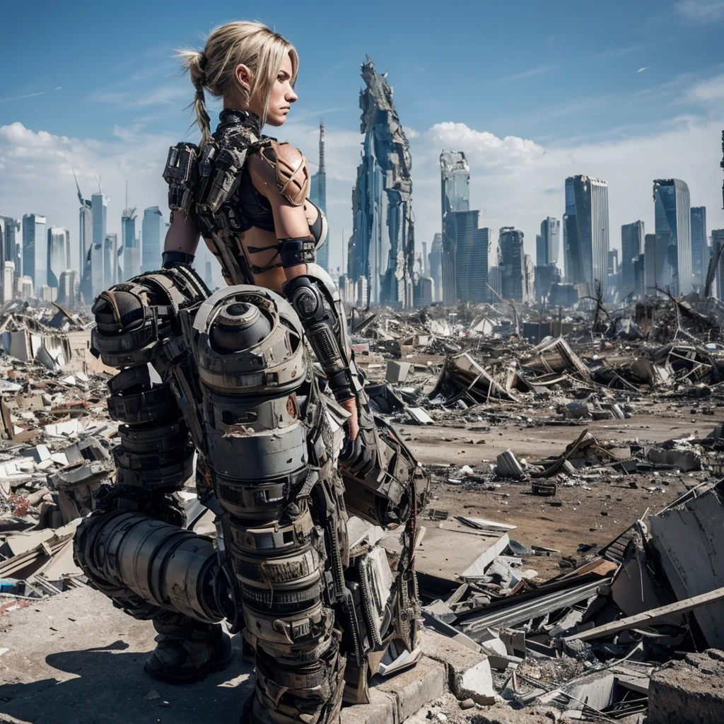 A very detailed Cyborg, arms crossed in front of a destroyed city, sporting futuristic details on its bionic body. (An extremely detailed cyborg, les arms crossed in front of a destroyed city, with futuristic details on their bionic body.)