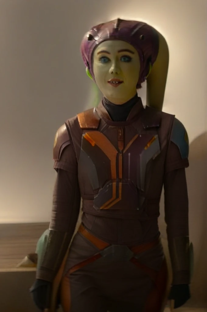 cinematic film still star wars hera syndulla sigh at tequila wolf score_9, score_8_up, score_7_up, score_6_up, score_5_up, score_4_up, ((( hera syndulla ))) wearing wearing armor , blue eyes, tentacle hair, ((( hera syndulla ))) , green skin, colored skin, facial mark, medium breasts, ((black with red trim flame dress skirt)), no pants, bare shoulders, guantlets, hip armor, skirt, pants, brown boots, solo, seductively lying on bed in her lingerie, nude ,seductive smile, looking at viewer, indoors