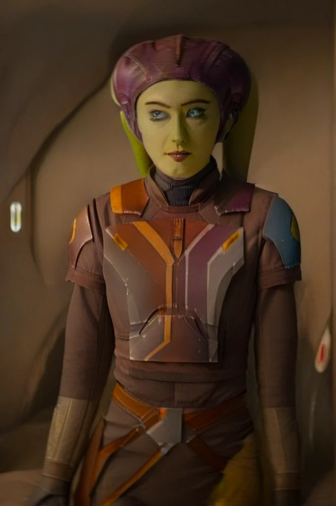 cinematic film still star wars hera syndulla sigh at tequila wolf score_9, score_8_up, score_7_up, score_6_up, score_5_up, score_4_up, ((( hera syndulla ))) wearing wearing armor , blue eyes, tentacle hair, ((( hera syndulla ))) , green skin, colored skin, facial mark, medium breasts, ((black with red trim flame dress skirt)), no pants, bare shoulders, guantlets, hip armor, skirt, pants, brown boots, solo, seductively lying on bed in her lingerie, nude ,seductive smile, looking at viewer, indoors