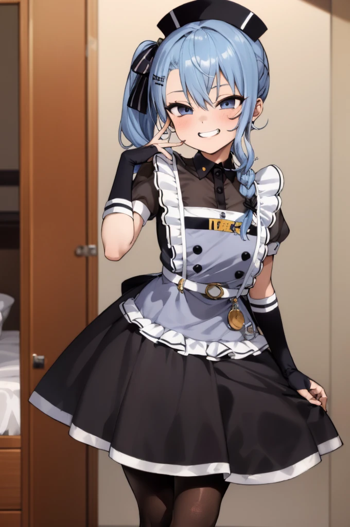 1girl, solo, detailed face, , , SuiseiMaid, long hair, single braid, black nurse cap, double-breasted grey apron, chest belt, elbow gloves, crinoline, (((black pantyhose))),,,,looking viewer,side ponytail,small breasts,,grin,high heel,from side,