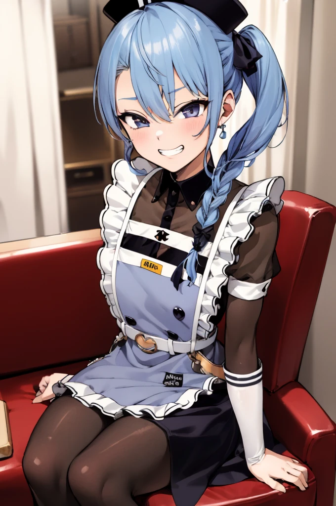 1girl, solo, detailed face, , , SuiseiMaid, long hair, single braid, black nurse cap, double-breasted grey apron, chest belt, elbow gloves, crinoline, (((black pantyhose))),,,,looking viewer,side ponytail,small breasts,,grin,high heel,from side,