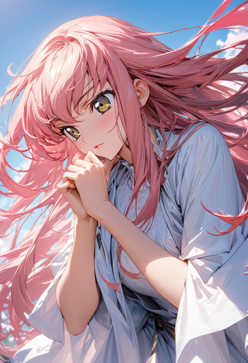 One woman, Ultra-high resolution, 超detailed, Highest quality, 8k,((Highest quality)), ((masterpiece)), (detailed)，Face direction(front)，Hair Color(Bright pink，Fine hair quality，Soft and fluffy)，background(blue sky，morning)，eye(パッチリとしたeye元), clothing(Summer clothes)，expression(Exquisite features depicting a perfect face)，Body Type(model，Naturally beautiful)，Perfect hands，The perfect woman, Dramatic Shadows，Cute pose，Anime characters, Code Geass