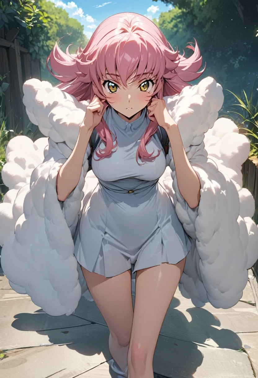 One woman, Ultra-high resolution, 超detailed, Highest quality, 8k,((Highest quality)), ((masterpiece)), (detailed)，Face direction(front)，Hair Color(Bright pink，Fine hair quality，Soft and fluffy)，background(blue sky，morning)，eye(パッチリとしたeye元), clothing(Summer clothes)，expression(Exquisite features depicting a perfect face)，Body Type(model，Naturally beautiful)，Perfect hands，The perfect woman, Dramatic Shadows，Cute pose，Anime characters, Code Geass