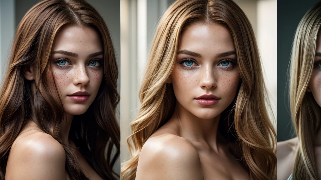 A mesmerizing portrait of a young woman with long, flowing hair transitions seamlessly into another image. The initial portrait shows her gazing directly at the viewer, her eyes a striking emerald green, cheekbones high and defined. Her hair, a rich auburn, cascades in soft waves around her face. As the morphing begins, her features start to shift subtly. The transition is smooth, each stage captured in exquisite detail. Her hair begins to lighten, the auburn giving way to a pale blonde. Her facial structure alters slightly - the cheekbones soften, the jawline becomes more angular. The eyes, once green, now transform into a deep blue, their shape becoming more almond-like. Freckles begin to appear across the bridge of her nose and cheeks, adding a sun-kissed quality to her complexion. Her lips, initially a soft pink, deepen to a bold red. Throughout the transition, the lighting changes dramatically. The initial warm, golden glow is replaced by a cooler, almost ethereal light that casts intriguing shadows across her transforming features. The background shifts from a soft, out-of-focus warmth to a more dramatic, contrasting dark backdrop. In the final image, we see a completely different woman, yet there's an essence of the original that lingers. The blonde hair is shorter, cut in a modern bob. Her blue eyes are framed by strong, dark brows. The red lips curl into a subtle smirk, a stark contrast to the serene expression of the initial portrait. Every stage of this metamorphosis is rendered in high contrast and intricate detail, allowing the viewer to observe every nuance of the transformation. From the individual strands of hair to the subtle changes in skin texture, no detail is overlooked in this captivating display of digital artistry."