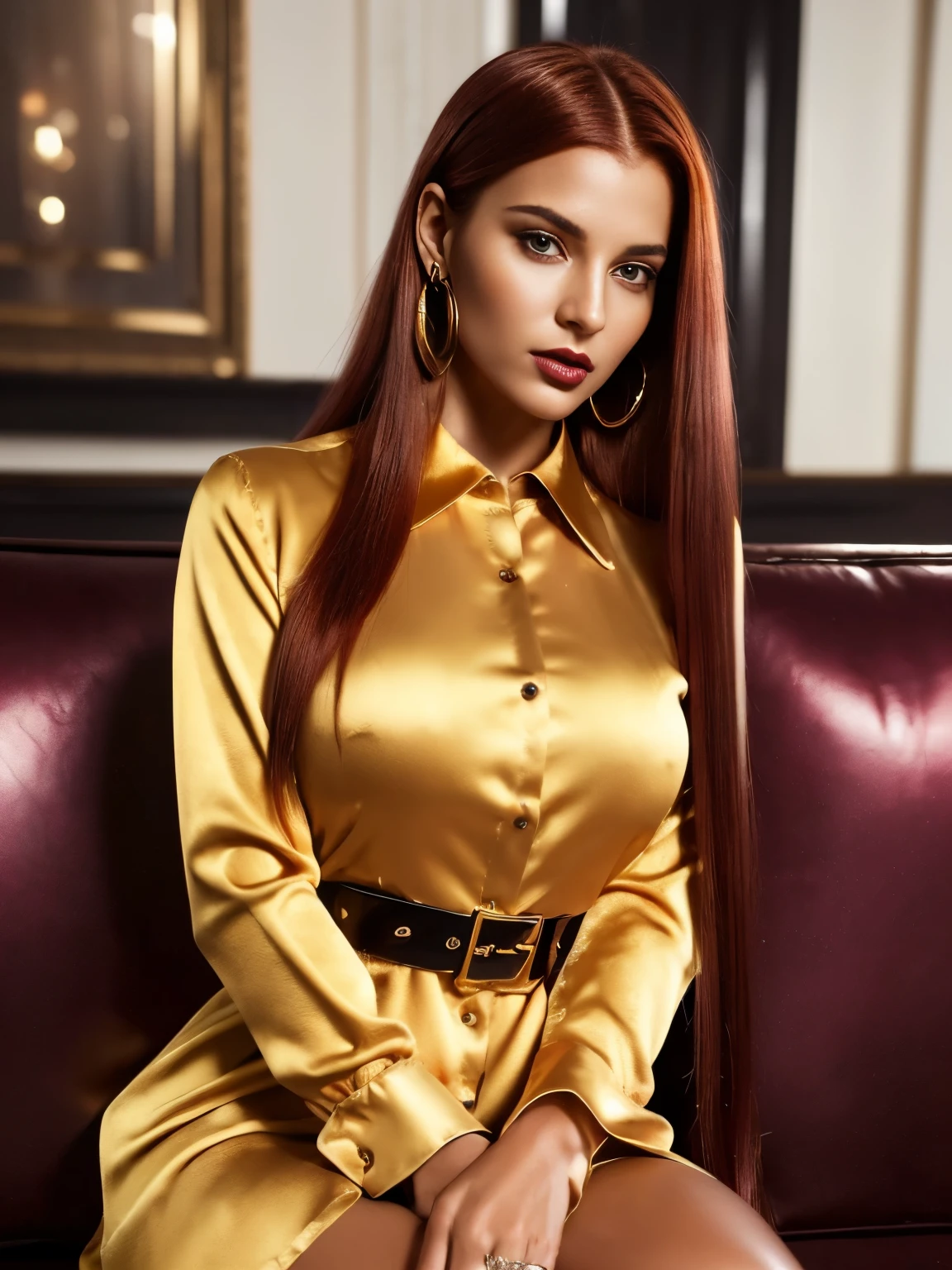 (1girl:1.34), (face and upper body view: with face and hair fully visible:2.34), (solo), (realistic photography), (satin outfit), (elegant woman sitting on a couch wearing formal long sleeved golden satin collared shirt-dress buttoned all the way up :2.32), (her left hand caresses her left hip:2.21), (she wears shiny glossy black leather boots of same model on her two legs:1.54), (long straight clear red hair:1.43), (asymetric hairstyle:1.42), (clear skin:1.41), (wearing one black leather belt with golden buckle:1.36), (her right hand caresses her belt:1.35), (brown eyes:1.34), (latina type eyes:1.33), (slim body, medium breasts:1.32), (looking at the camera with intense dominant eyes:1.31), (realistic hands with intricate details:1.26), heavy sophisticated make-up, deep dark eye shadow, thick lips, (dark shiny glossy lipstick:1.25), hourglass figure, seductive face, large round hoop golden earrings, golden bracelets, soft volumetric lights, intricate details, (ArtStation:1.2)