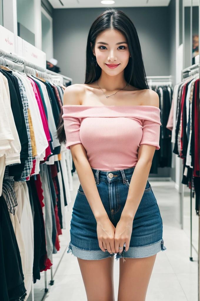 Apparel shop changing room, company employee, ((full body)), ((photo)), ((best qualtiy, 8K, tmasterpiece:1.3)), Focus:1.2, perfect figure beautiful girl:1.4, 1girl, cowboy shot, look at viewer, eyes facing the camera, incredibly absurd, beautiful and cute girl with a photorealistic face, showcasing top-quality craftsmanship, A Japanese woman choosing clothes at an apparel shop, 23 years old, has long, straight, silky black hair, fair skin, big eyes, thin eyebrows, double eyelids, long eyelashes, pink lips, smile, devilish smile, gorgeous features, well-defined facial features, beautiful face line, mysterious beauty, slender, tall, well-balanced proportions, large E-cup breasts, white off-the-shoulder top, denim shorts, wedge sandals, silver necklace and bracelet, pretty girl, beauty, devilish type, pretty older sister, passionate about art, sociable, friendly, positive, has leadership skills, is proactive, is flexible, gets things done efficiently, works hard towards dreams and goals, July