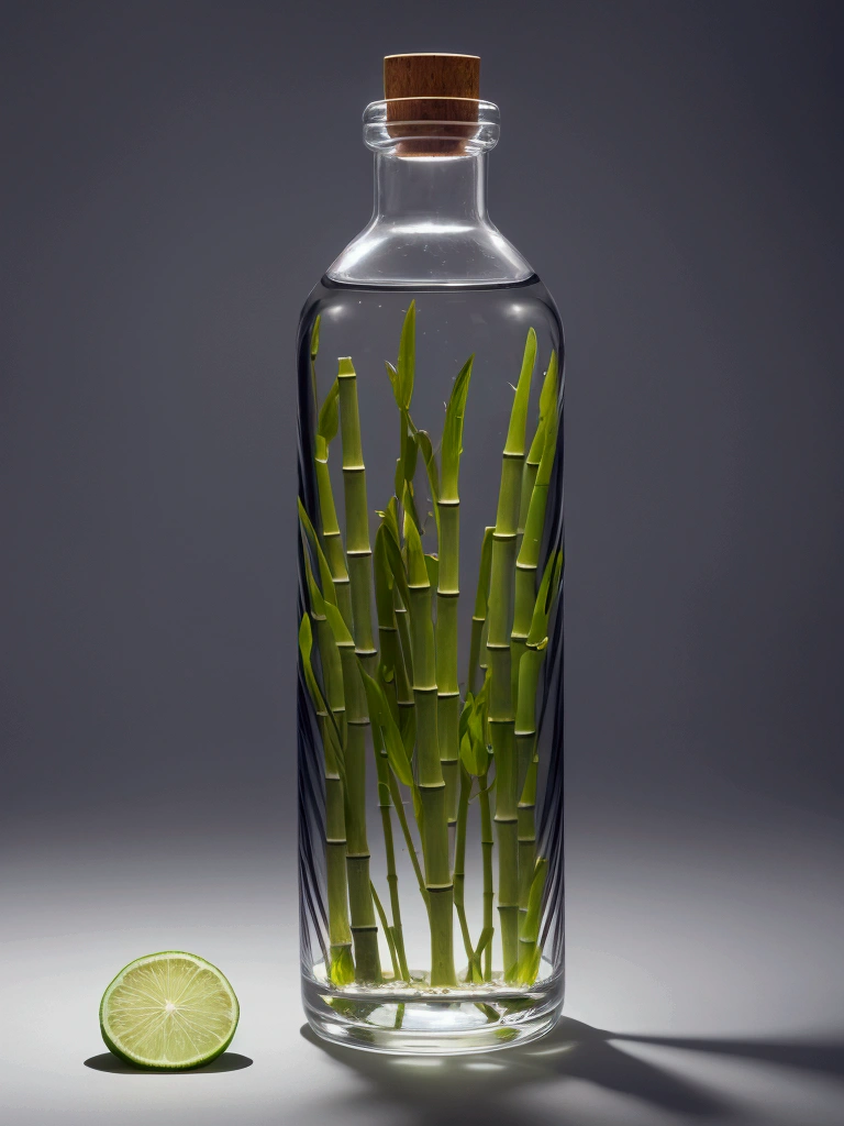 Use the Bottle as a reference, Generate a water bottle, should have a slight curve, similar to a hip, and be a little wider than usual. The bottle must be completely transparent. Fill the bottle with water, and also fill a similar glass of water. The bottle cap must have a bamboo straw integrated into one piece. On both sides of the bottle, place blue flowers and beautiful leaves in the background of the stage. Adjust the lighting to be hyper-realistic, with the light coming from the left side. Make sure everything appears to be in the same place at the same time. High quality image. Bring the camera closer to the bottle, make the bamboo lid with the Carrizo integrated into the design, give the bottle a rounded shape