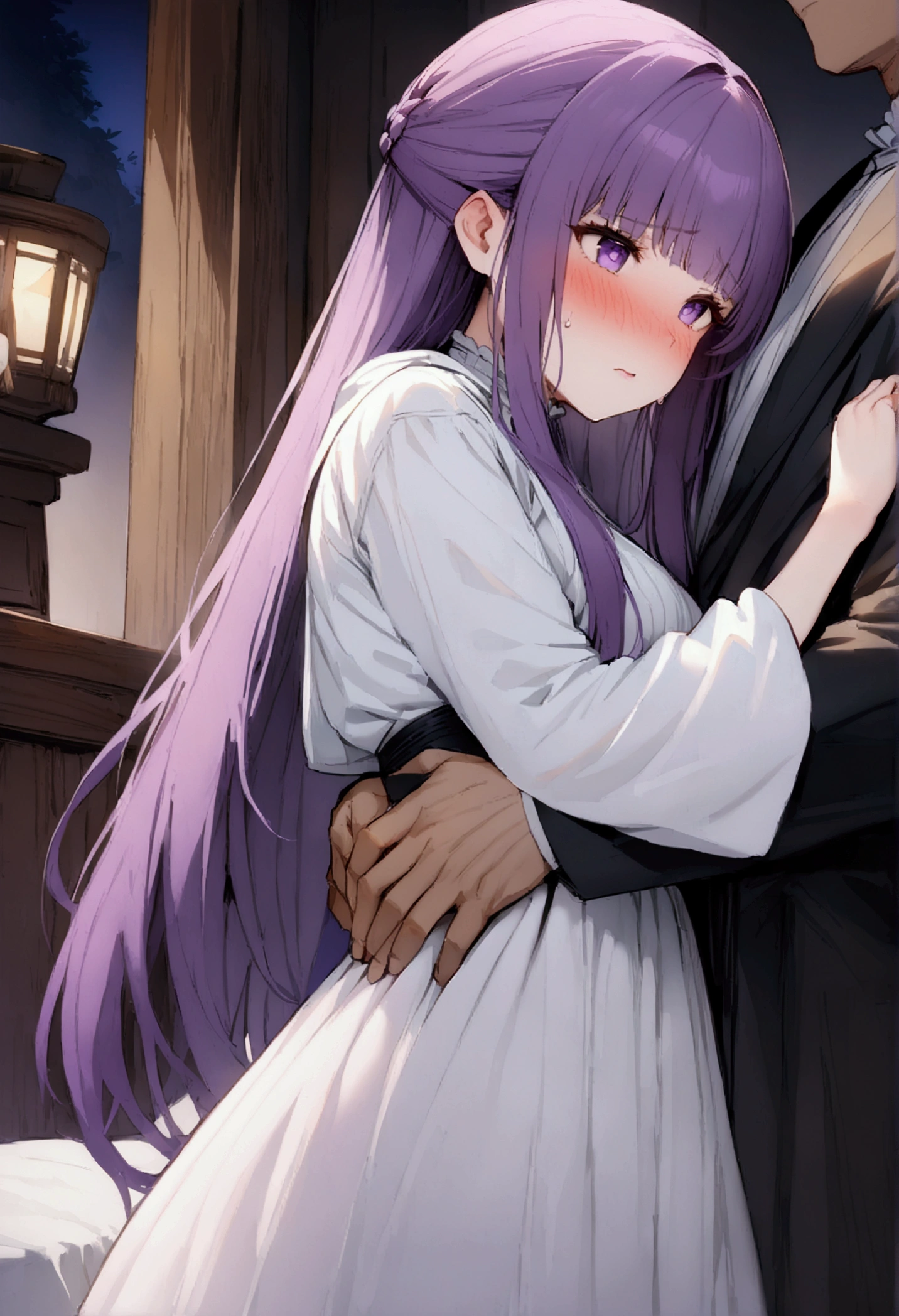 NSFW,masterpiece,Highest quality,High resolution,Super detailed,Fern\(Funeral of Frieren\),Purple eyes,Purple Hair,Long Hair,White Dress,Robe,Embarrassed,blush,expectant face,Inn at night,bedroom,(Warrior Men),A man puts his hands on her waist and hugs her