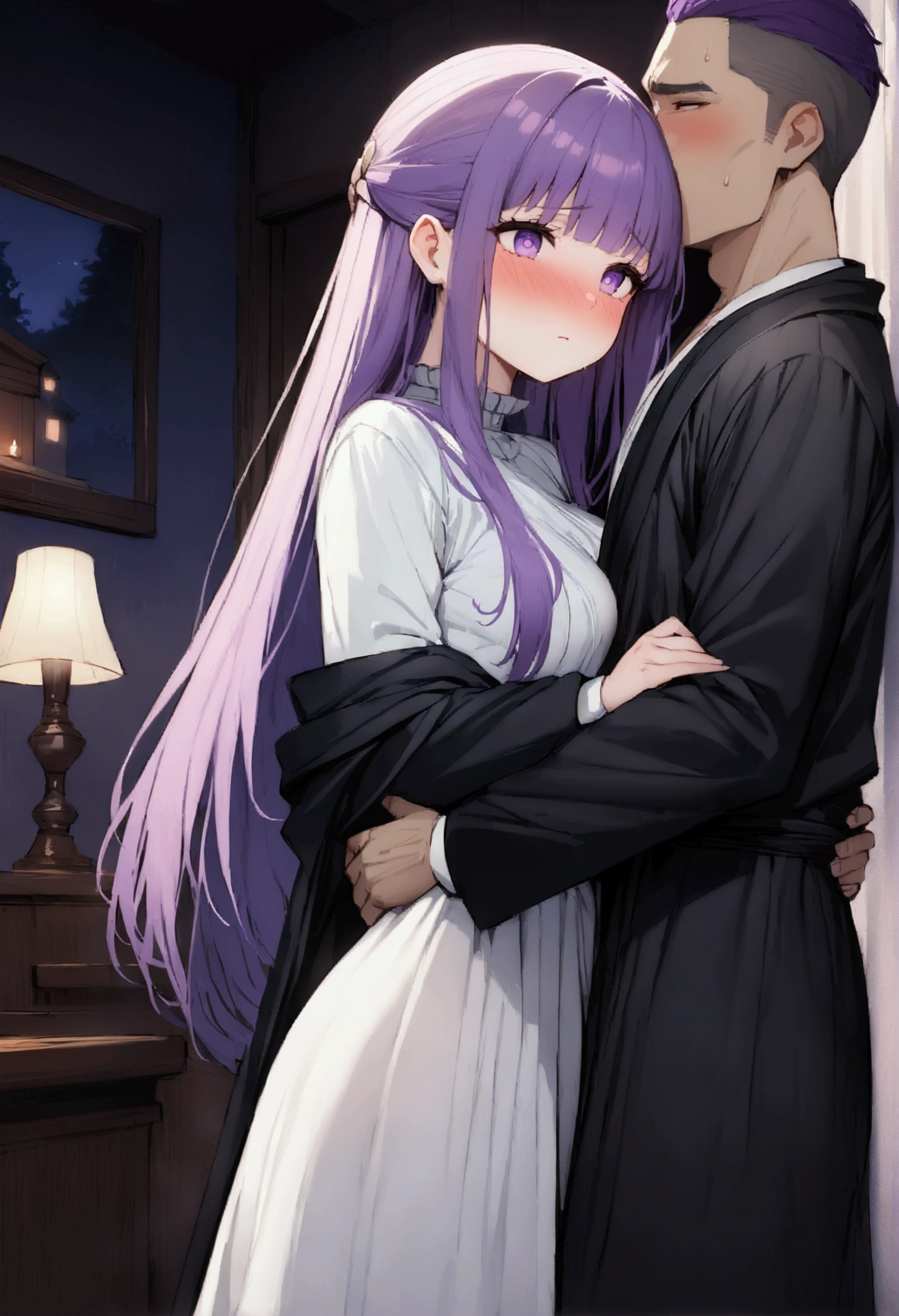 NSFW,masterpiece,Highest quality,High resolution,Super detailed,Fern\(Funeral of Frieren\),Purple eyes,Purple Hair,Long Hair,White Dress,Robe,Embarrassed,blush,expectant face,Inn at night,bedroom,(Warrior Men),A man puts his hands on her waist and hugs her