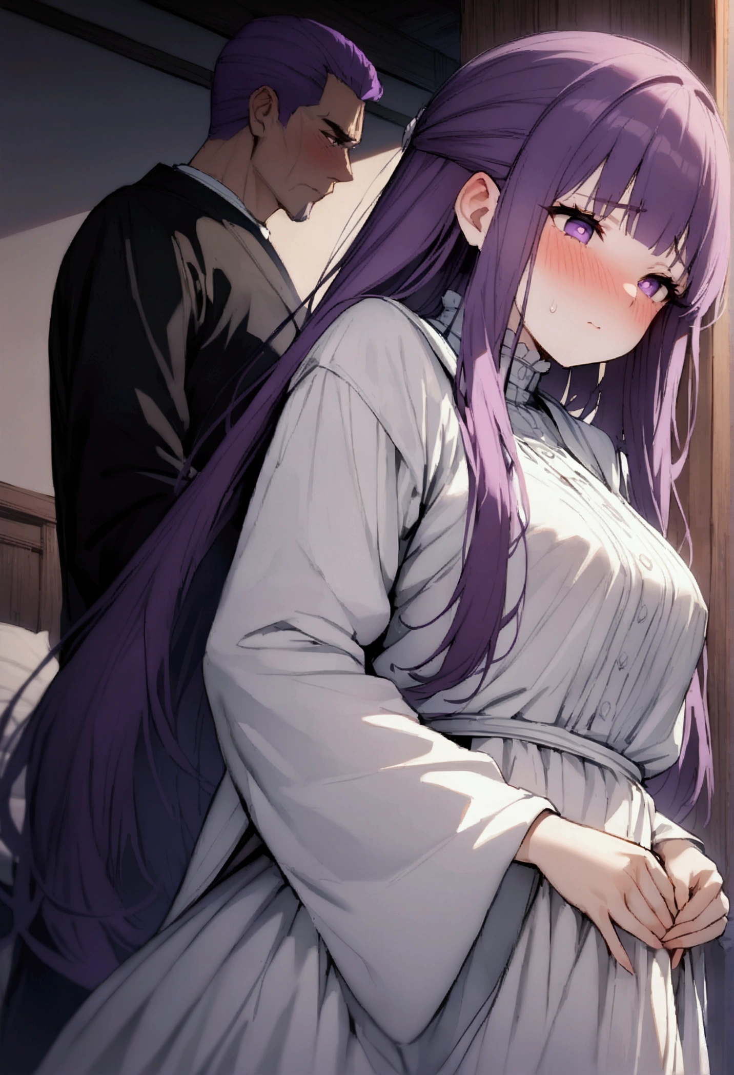 NSFW,masterpiece,Highest quality,High resolution,Super detailed,Fern\(Funeral of Frieren\),Purple eyes,Purple Hair,Long Hair,White Dress,Robe,Embarrassed,blush,expectant face,Inn at night,bedroom,(Warrior Men),A man puts his hands on her waist and hugs her