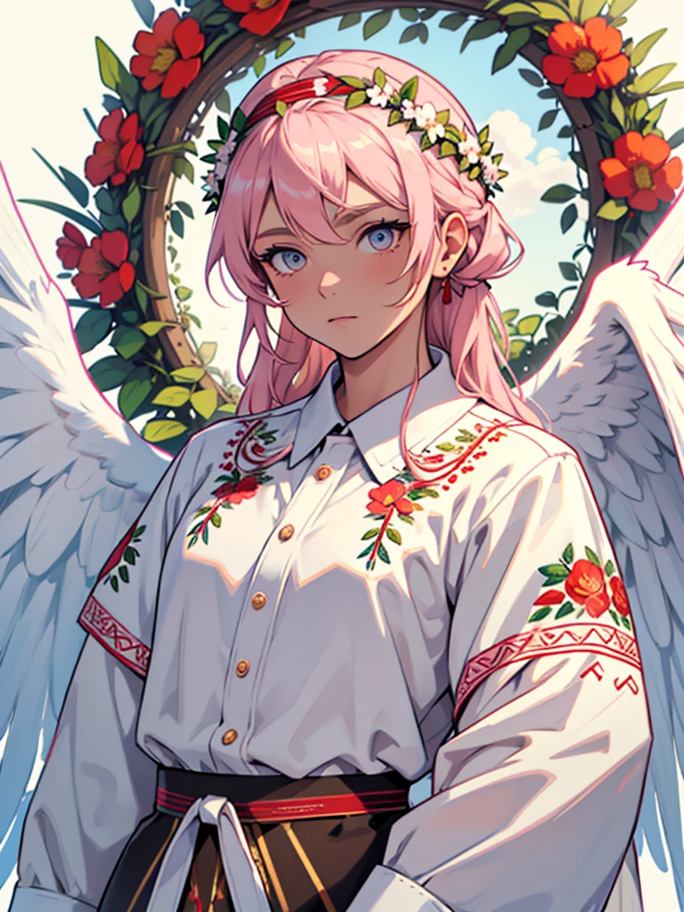 MAKE A CHARACTER SO I SAY DON'T ADD ANYTHING Face: Colored in the colors of the Moldova flag (BLUE, yellow, red) with a coat of arms in the center of the forehead.
eyes: Big and white.
Headdress: Floral wreath with flowers of different colors.
cloth: Traditional Moldavian embroidered shirt in white with red embroidery.
wings: Brown wings, like an angel.
details: Pink headband.
This character should convey the national symbols and traditional clothing of Moldova.