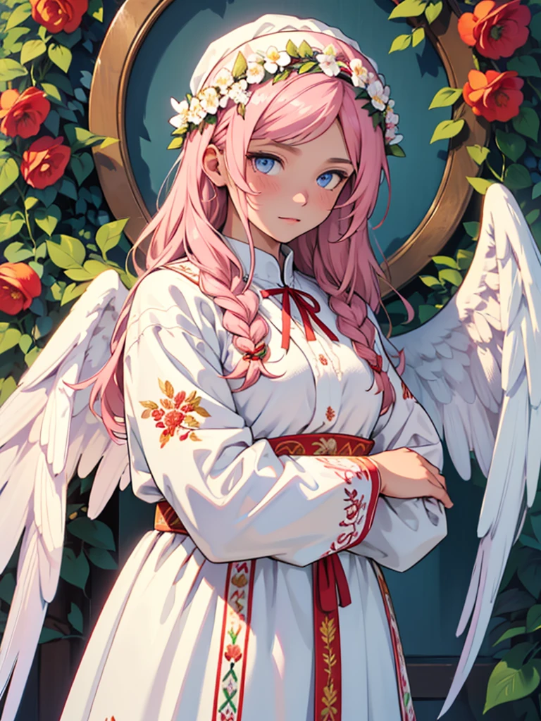 MAKE A CHARACTER SO I SAY DON'T ADD ANYTHING Face: Colored in the colors of the Moldova flag (BLUE, yellow, red) with a coat of arms in the center of the forehead.
eyes: Big and white.
Headdress: Floral wreath with flowers of different colors.
cloth: Traditional Moldavian embroidered shirt in white with red embroidery.
wings: Brown wings, like an angel.
details: Pink headband.
This character should convey the national symbols and traditional clothing of Moldova.