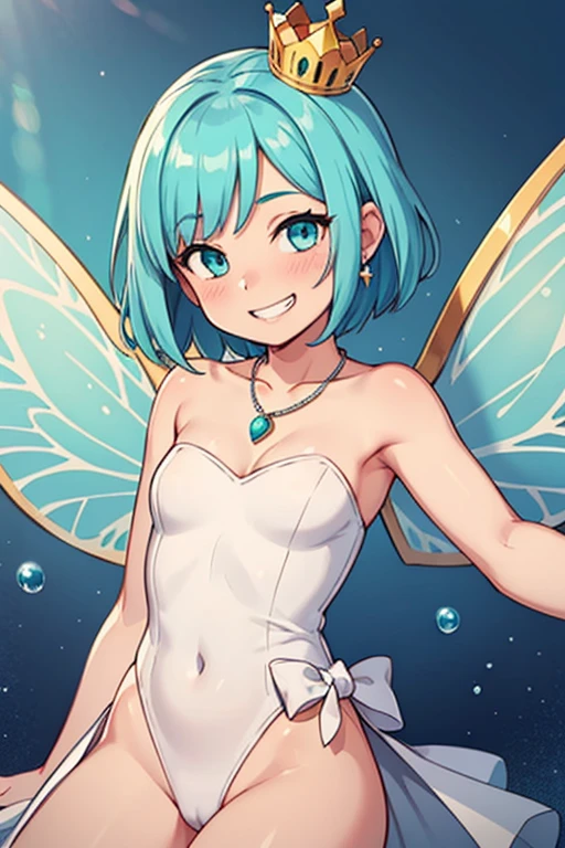 masterpiece, best quality, 1girl, smile, jewelry, solo, grin, aqua hair, crown, necklace, short hair, bare shoulders, heart, aqua eyes, strapless, dress, looking at viewer, leotard, delicated ilumination. sunlight, highly detailed, white shirt, fairy wings,