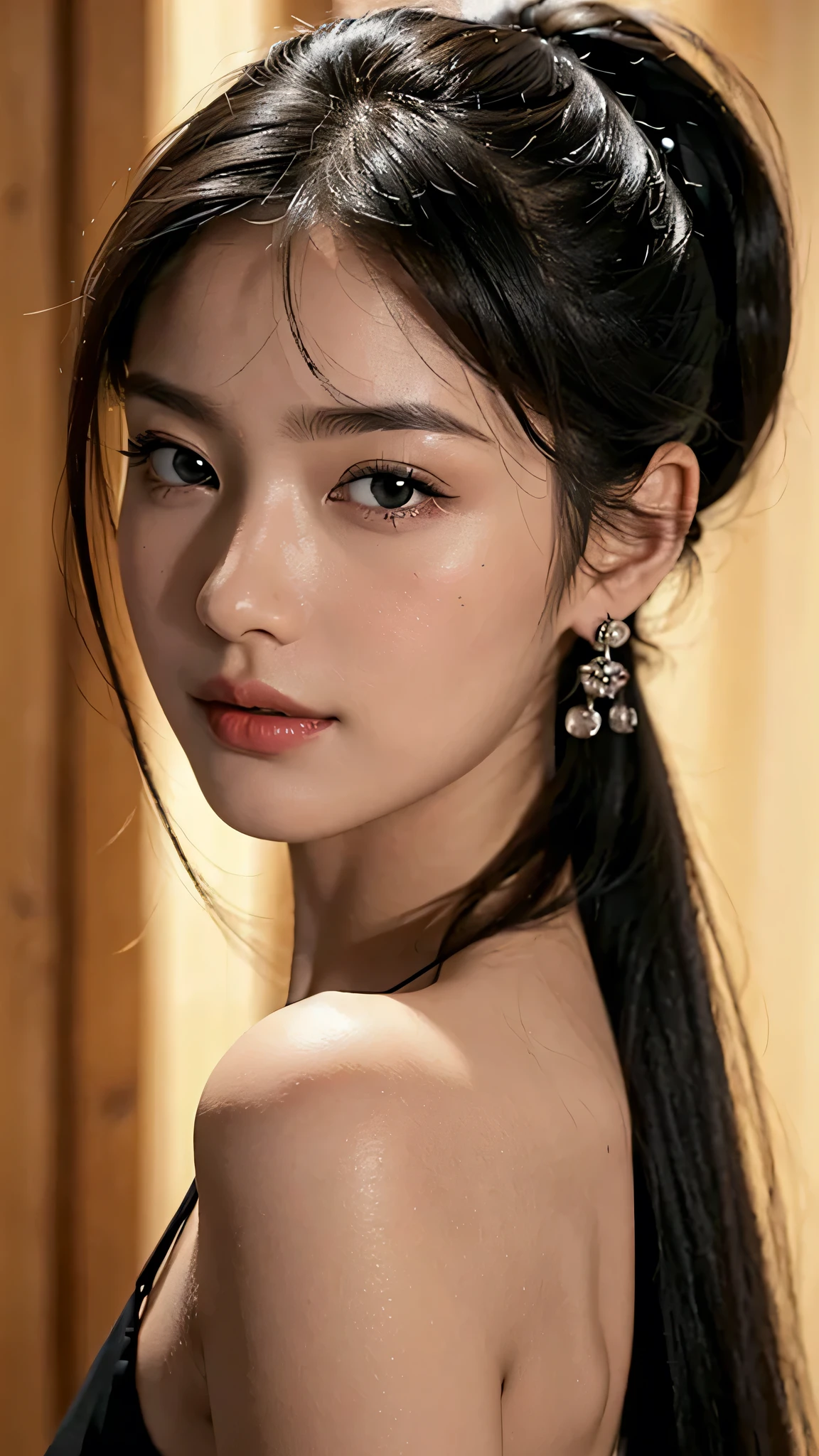 Lipstick in hand,Cosmetics commercial style,Commercial filming studio,close up face,fully body photo,masutepiece, The highest image quality, High quality, the background is clear，Beautiful woman, Japanese, Detailed, Ultra-detailed, finely detail, hight resolution, 8K Wallpaper, Perfect dynamic composition, Beautiful detailed eyes ,Detailed eyes, Detailed skin, Beautiful skin, 超hight resolution, (reality: 1.4),Very beautiful woman, Slightly younger face, Beautiful skin, slender, (Ultra photo realsisim), (hight resolution), (8K), (Very detailed) (beautifully detailed eyes), (super detailed),   (Detailed face), view the viewer, Fine details, Detailed face, Staring straight ahead, Staring straight ahead, photos realistic, Bright lighting, Professional Lighting, Black hair,poneyTail,a baby face,sixteen years old,Hairstyle: ponytail,Long ponytail hairstyle,slight smile,