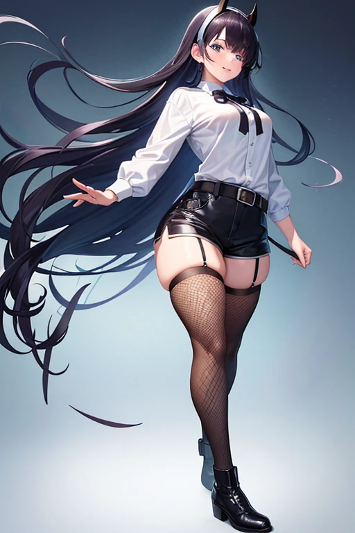high quality , best masterpiece , big girl with dark blue hair , bangs , blue eyes , black eye blindfold , white shirts with a small black ribbon , black wide belt , brown shorts, long fishnet socks, black long boots , full body , big chest , pink lips , smiling