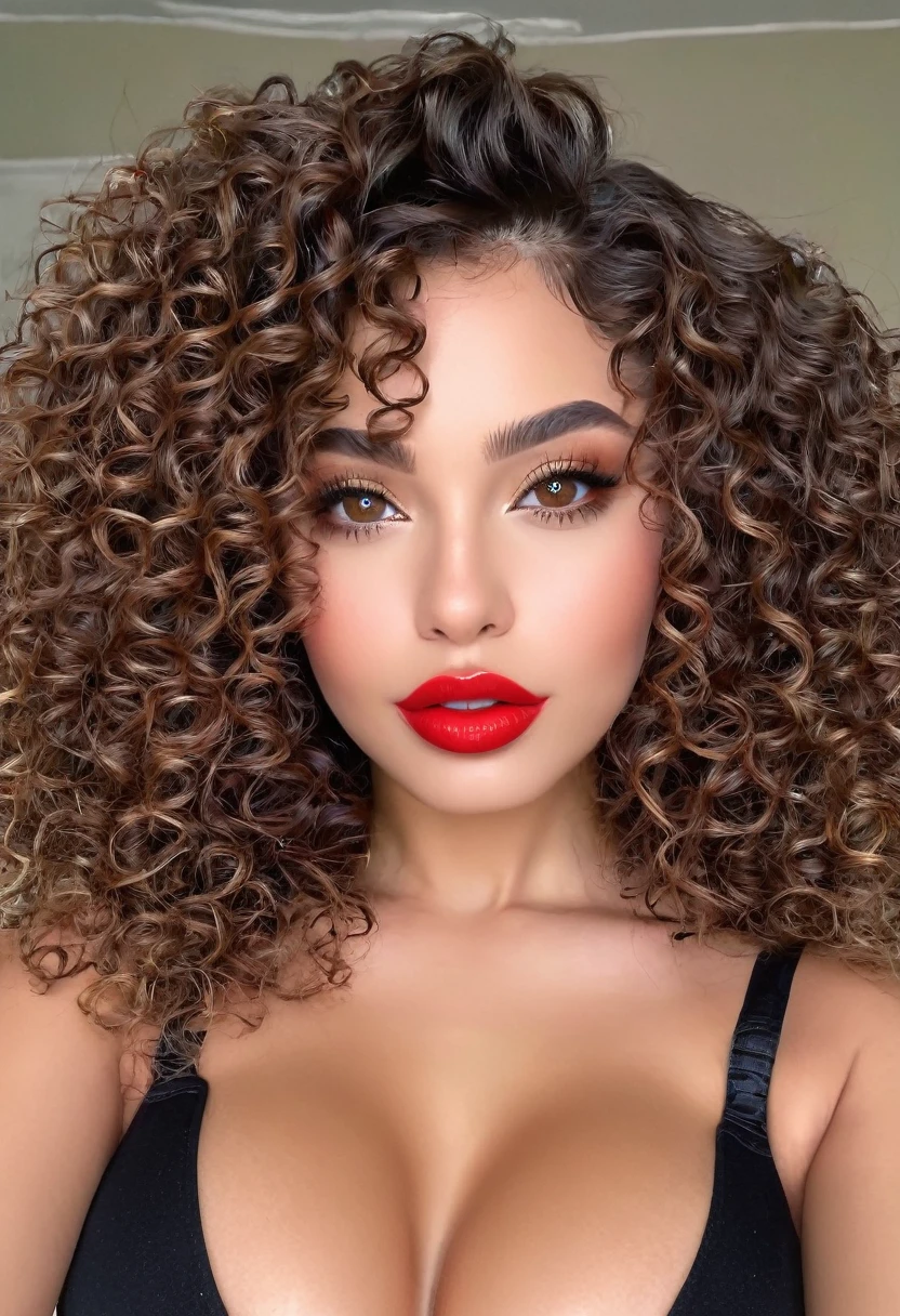 (high qualiy) 1 , curly hair, breasts bare, corpo sexy, eyes browns, red lip