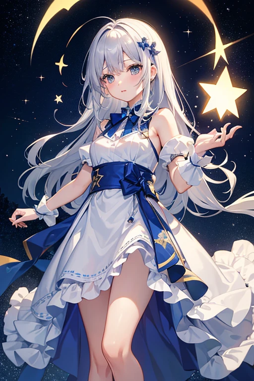 masterpiece, Highest quality, High resolution，Follow the on-screen instructions、Anime Style、Follow the prompts、One Girl、Long silver hair、、Wish、Close your eyes, clasp your hands, and bend your elbows、shooting star、Night Sky