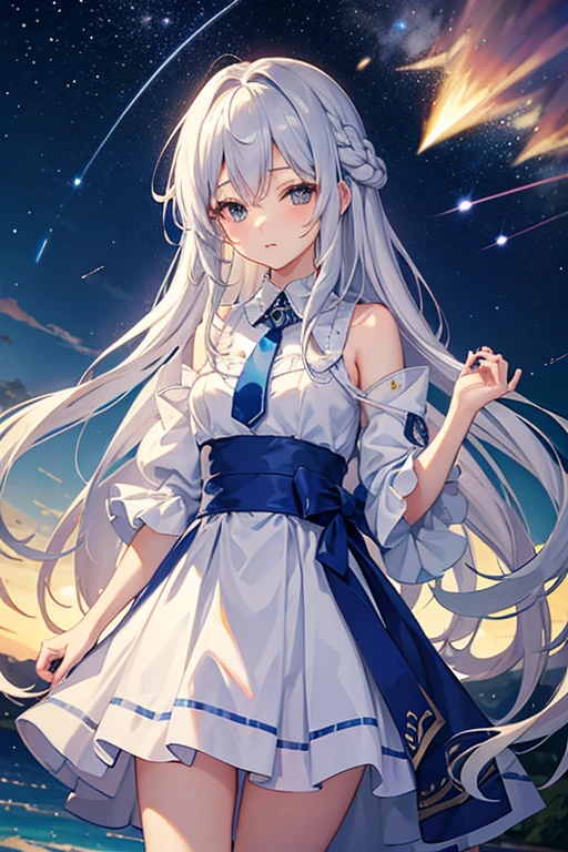 masterpiece, Highest quality, High resolution，Follow the on-screen instructions、Anime Style、Follow the prompts、One Girl、Long silver hair、、Wish、Close your eyes, clasp your hands, and bend your elbows、shooting star、Night Sky