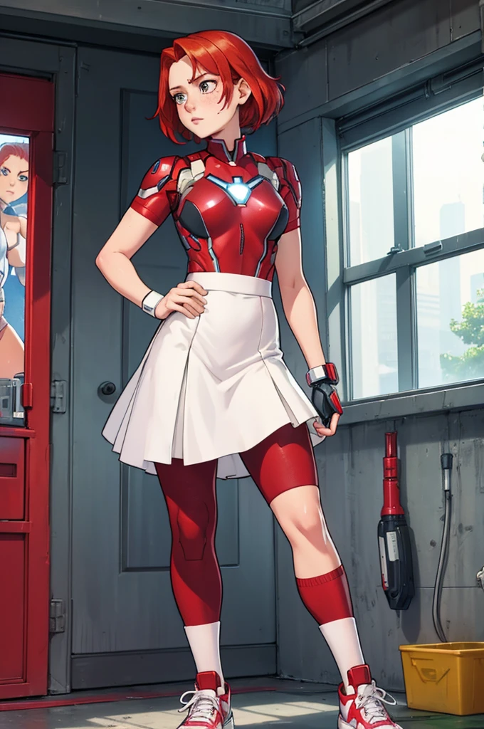 Virginia «Pepper» Potts from Iron Man: Armored Adventures, cute sexy girl with short red hair, freckles, pink short sleeve vest over white short sleeve shirt, white skirt, black short leggings, high top sneakers and white socks